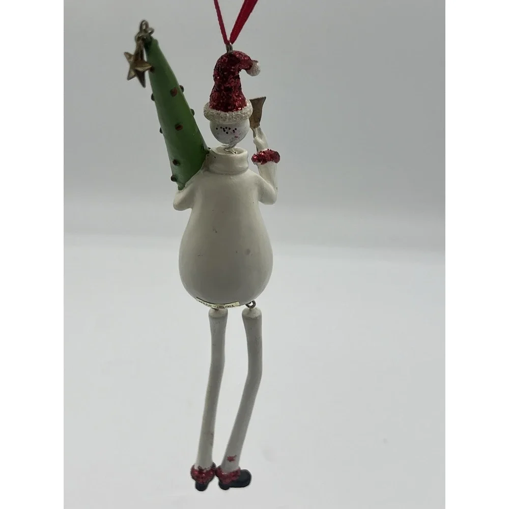 Dancing Snowman Ornament Holding Christmas Tree & Bell Red Glitter 8